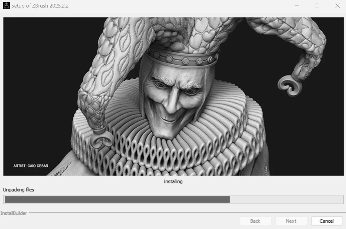 Tela de instalação do ZBrush 2025.2 com a escultura do bobo da corte assinada por Caio Cesar